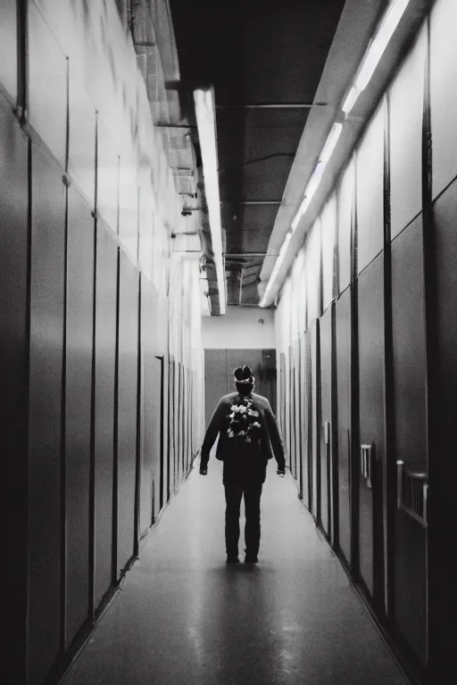 Prompt: kodak portra 4 0 0 photograph of a guy wearing a flower crown in a empty school hallway lined with lockers, back view, lens flare, moody lighting, moody vibe, telephoto, 9 0 s vibe, blurry background, grain, tranquil, calm, faded!,