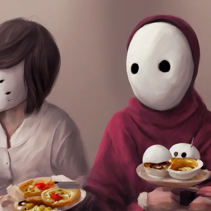 Image similar to hungry no - face munching in a shoppingmall, highly detailed, lifelike, photorealistic, digital painting, artstation, illustration, concept art