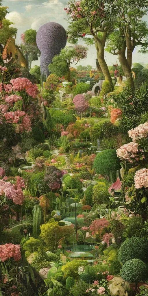 Image similar to bosch and beeple painting of a magnificent garden, incredible details