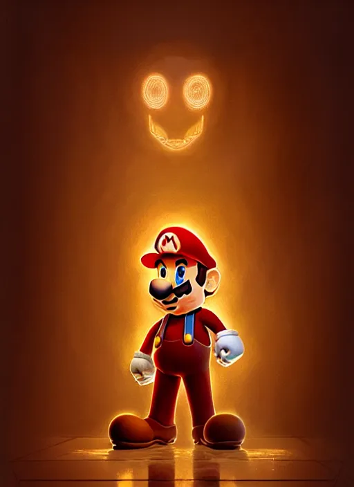 Image similar to portrait of super mario, intricate, elegant, glowing lights, highly detailed, digital painting, artstation, concept art, smooth, sharp focus, illustration, art by wlop, mars ravelo and greg rutkowski