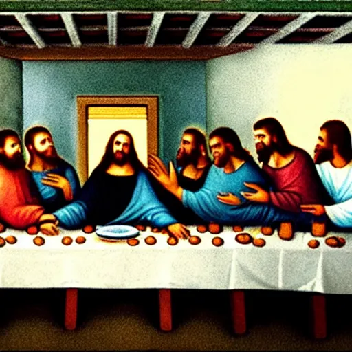 Image similar to the last supper but everyone has taco bell food on their plates