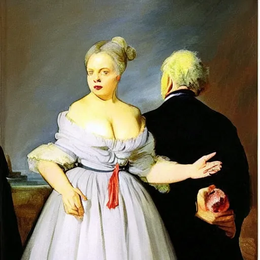 Image similar to very very beautiful surreal painting of hillary clinton wearing jewels and a white christian dior dress, painted by francisco goya