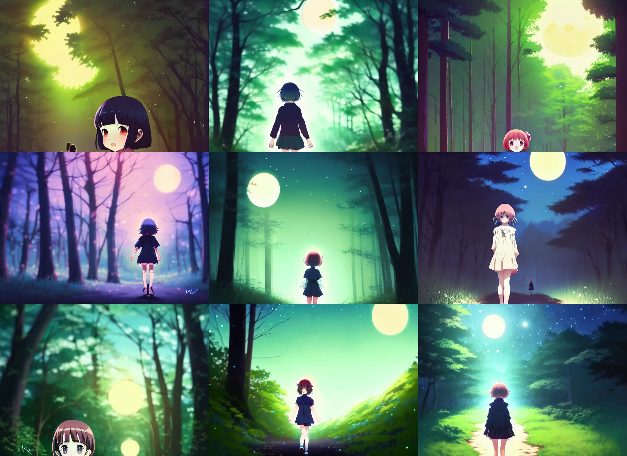 Prompt: anime visual, portrait of a curious young girl walking in a forest at night, very dark, moon, cute face by ilya kuvshinov, yoh yoshinari, dynamic pose, dynamic perspective, rounded eyes, kyoani, natsume yuujinchou, smooth facial features, makoto shinkai