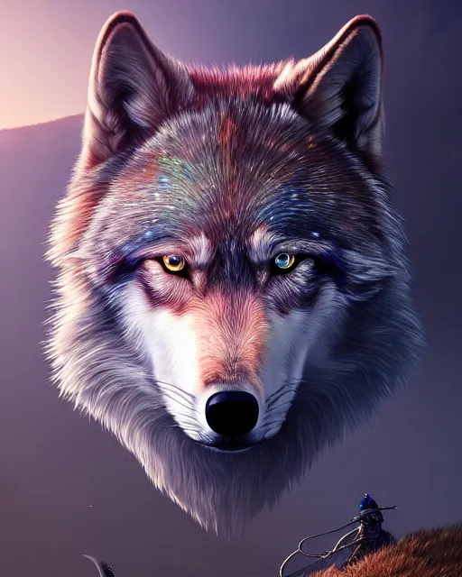 Image similar to highly detailed surreal vfx portrait of a metallic chromatic samurai wolf on a mountain, stephen bliss, unreal engine, greg rutkowski, loish, rhads, beeple, makoto shinkai and lois van baarle, ilya kuvshinov, rossdraws, tom bagshaw, alphonse mucha, global illumination, detailed and intricate environment