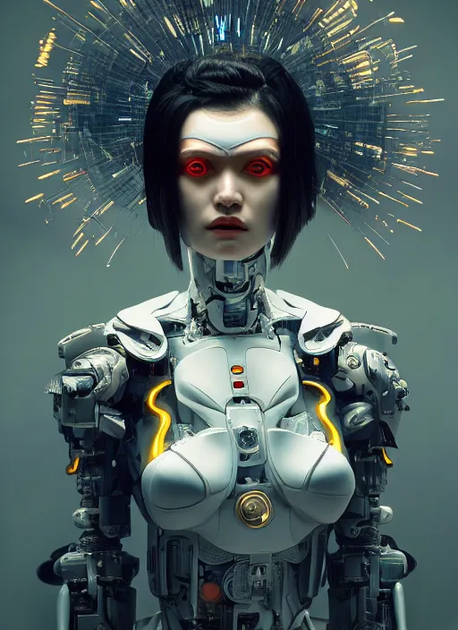 Image similar to close up portrait of a futuristic geisha cyborg walking in a digital storm with lens flairs, in the style of ghost in the shell, kintsugi, modern fine art, fractal, intricate, elegant, highly detailed, digital photography, subsurface scattering, by gigee and greg rutkowski,