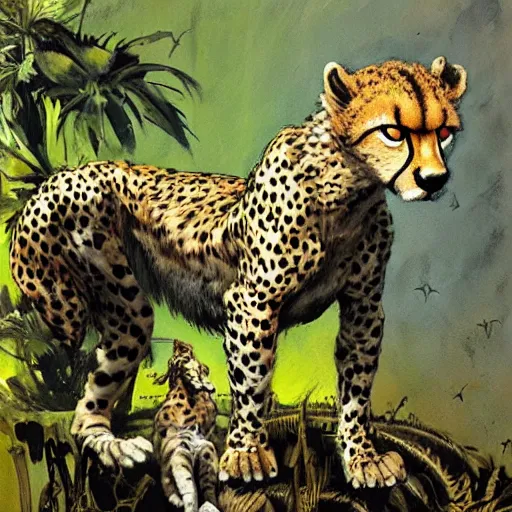 Image similar to cheetah in the jungle by dave mckean and yoji shinkawa, oil on canvas