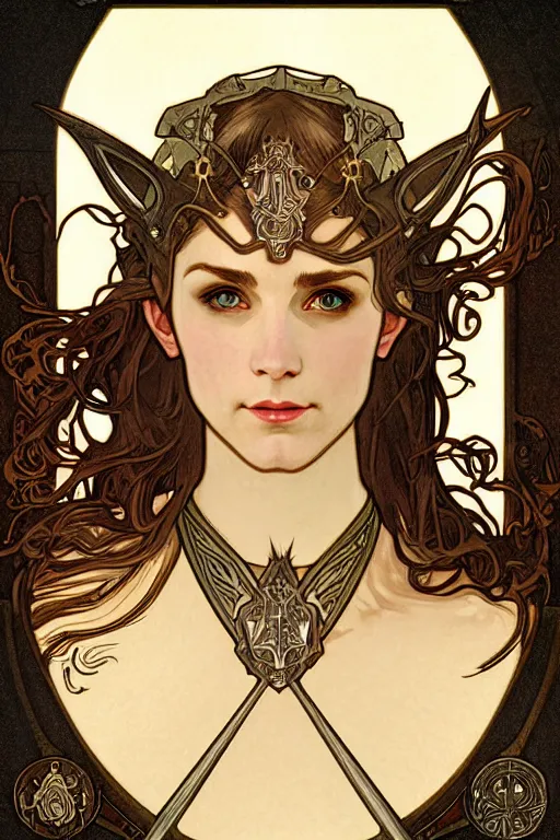 Image similar to head and shoulders portrait of an eldritch knight, elf, beautiful, female, breastplate, magical, high fantasy, d & d, by alphonse mucha, face details, extremely detailed, digital illustration