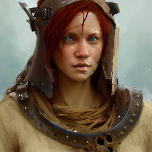 Prompt: a rustic woman wearing medieval armor, detailed face, redhead, by greg rutkowski, mandy jurgens