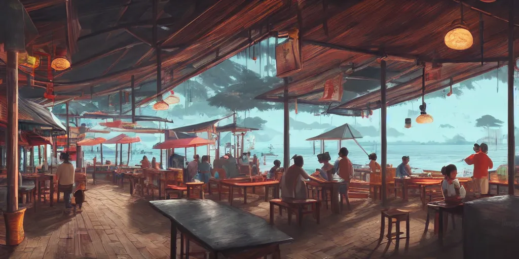 Prompt: interior of a kopitiam at pulau indah fishing village, near a jetty, early morning, hyperrealistic, detailed matte painting, low angle view, telephoto lens, bokeh, studio ghibli, artstation