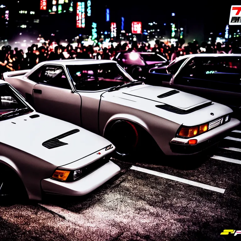 Prompt: a car S30 twin turbo drift at illegal car meet, Shibuya prefecture, city midnight mist lights, cinematic lighting, photorealistic, highly detailed wheels, high detail