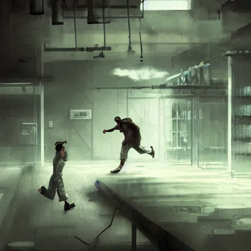 Image similar to a prisoner running in a laboratory,digital art,realistic,detailed,art by greg rutkowski