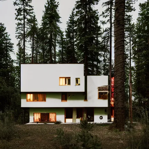 Image similar to wes anderson style modern futuristic house near the lake and forest, cinematic, realism, photo, detailed