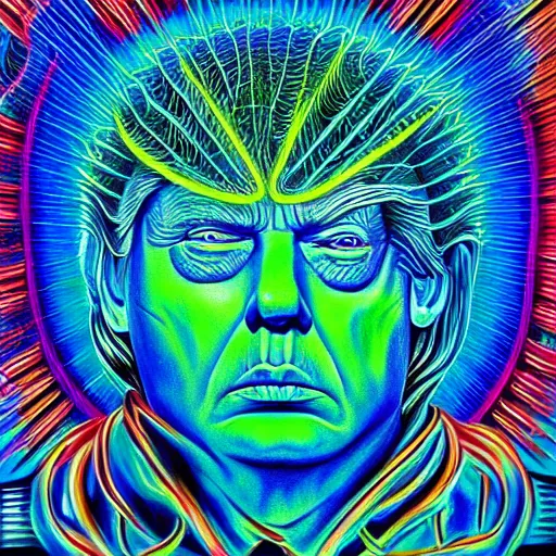 Prompt: alex grey illustration of Donald trump with psychedelic visions expanding outward from his mind