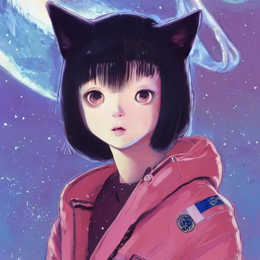 Prompt: A space cat with big and cute eyes, || VERY ANIME, fine-face, realistic shaded perfect face, fine details. Anime. realistic shaded lighting poster by Ilya Kuvshinov katsuhiro otomo ghost-in-the-shell, magali villeneuve, artgerm, Jeremy Lipkin and Michael Garmash, Rob Rey and Kentarõ Miura style, trending on art station