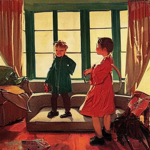 Prompt: children playing an old living room with cthulhu curtains in j. c. leyendecker painting style - n 3