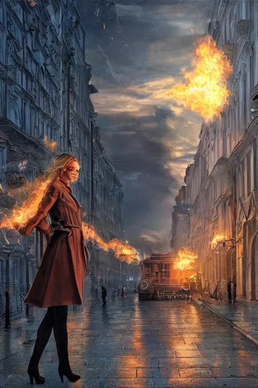 Prompt: in the foreground a street of Saint Petersburg, in the background a blond woman spitting flames with her hands wearing a long jacket like a matrix, realistic, high definition, many details, dramatic scene, detailed and realistic hands, symmetrical face, eyes realistic, art of D&D