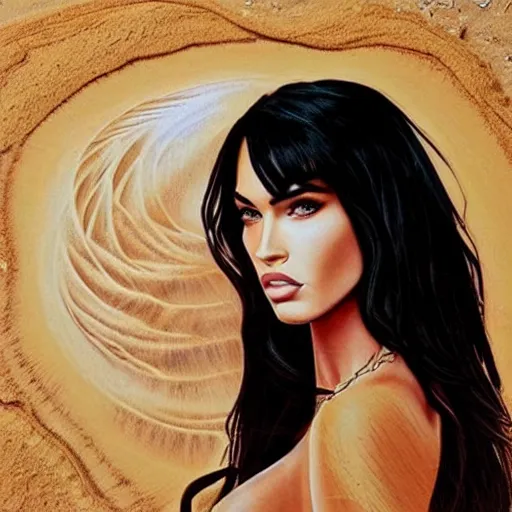 Prompt: “Megan Fox sand paintings, ultra detailed portrait, 4k resolution”