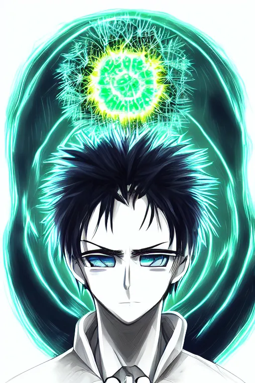 Prompt: nuclear bomb dandelion male anime character, symmetrical, highly detailed, digital art, sharp focus, trending on art station, green eyes, glowing radioactive colours