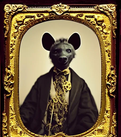 Image similar to professional studio photo portrait of anthro anthropomorphic spotted hyena head animal person fursona smug smiling wearing elaborate pompous royal king robes clothes gold frame by Louis Daguerre daguerreotype tintype