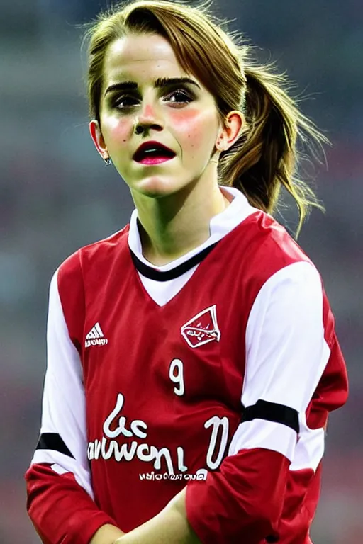 Image similar to a portrait of emma watson as a lokomotiv football player, hyper realistic, highly detailed