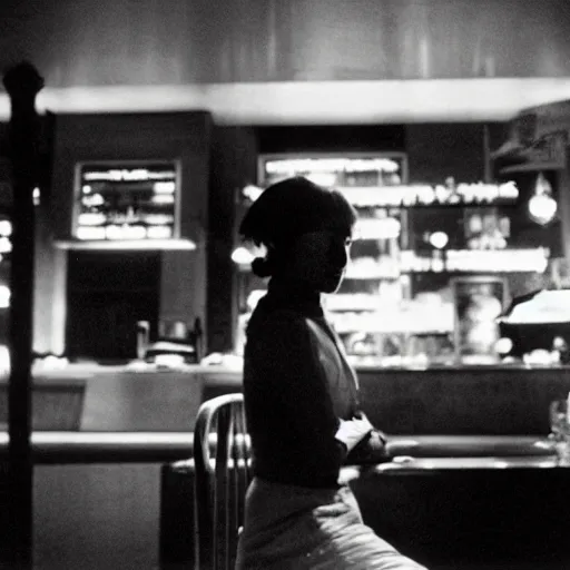 Prompt: a girl leaning against the counter in a night club staring at the camera, photograph by Wim Wenders and Wong Kar-wai and Edward Hopper