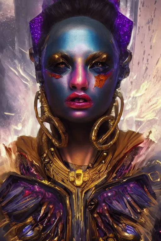 Prompt: fantasy character concept portrait, digital painting, wallpaper of the cyberpunk purge goddess, cosmic colors, with skin of obsidian, with veins of magma and gold, renaissance nimbus overhead, by aleksi briclot, by laura zalenga, by alexander holllow fedosav, 8 k dop dof hdr, vibrant