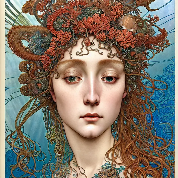 Prompt: realistic detailed face portrait of the goddess of the deep waters with an intricate headdress of corals, sea kelp, sea plants, fish, jellyfish, alphonse mucha, ayami kojima, amano, greg hildebrandt, mark brooks, and ernst haeckel, simon bisley, face in focus, art nouveau, neo - gothic, gothic, neoclassical,