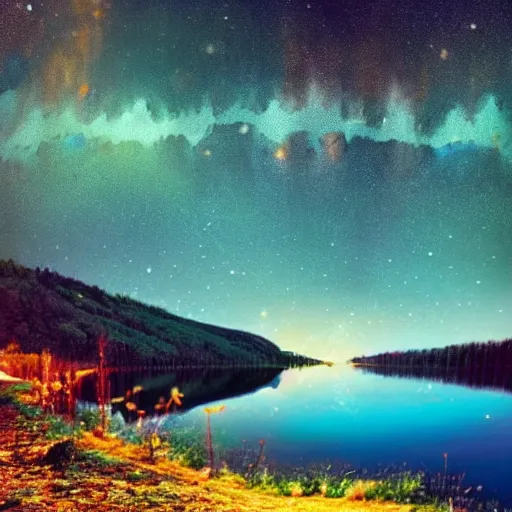 Image similar to lake that is reflecting the cosmos at night with countless stars, superior quality, intricate quality, viscous liquid, surreal, highly detailed, real camera, real photo, 8 k, art by artstation