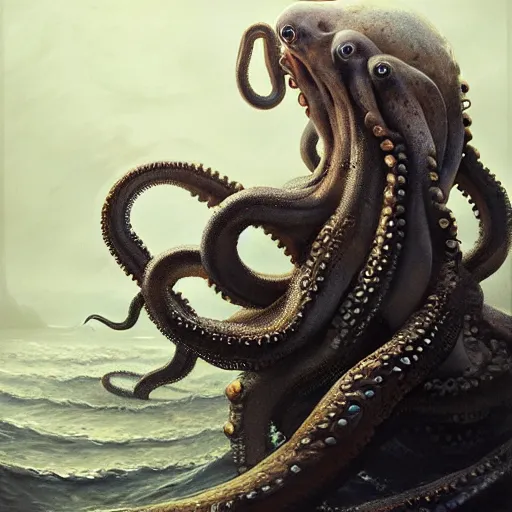 Image similar to a dream fantasy painting of a octopus eat a man in the deep of the ocean, by beksinki, giger, greg rutkowski, carne griffith trending on artstation, deviantart, photorealism