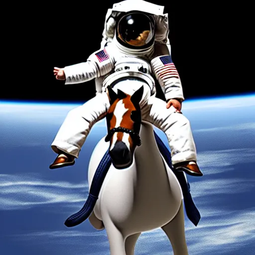 Image similar to a pony like a baby sits on the back of a large astronaut who is on all fours