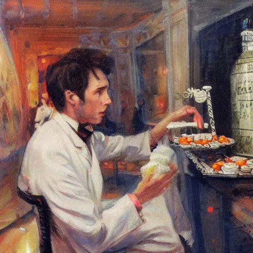 Prompt: chemists in white coats are eating a giant roll, finnian macmanus