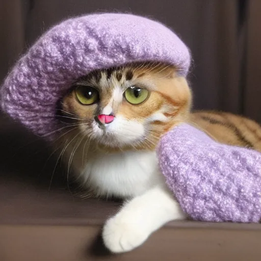 Image similar to cute cat photo, wearing wool hat, tongue sticking out, cat ears