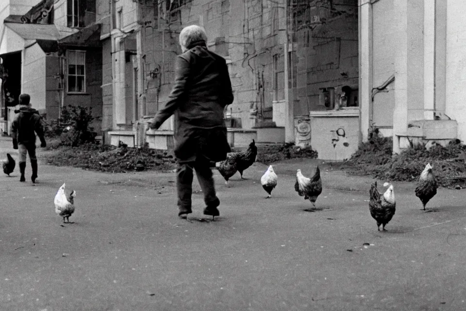 Prompt: still image taken from sci fi horror movie of chickens and monsters appear in the city. low camera angle. 1 9 6 0.