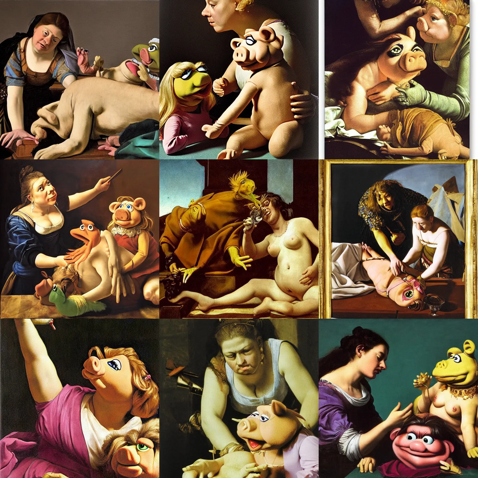 Prompt: Artemisia Gentileschi's Judith slaying Holofernes, reenacted by Miss Piggy and Kermit