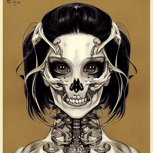 Prompt: anime manga skull portrait young woman skeleton, intricate, elegant, highly detailed, digital art, ffffound, art by JC Leyendecker and Turner 1860