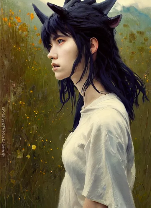 Image similar to portrait of Princess Mononoke, countryside near forest, calm, fantasy character portrait, dynamic pose, above view, sunny day, thunder clouds in the sky, artwork by Jeremy Lipkin and Giuseppe Dangelico Pino and Michael Garmash and Rob Rey, very coherent asymmetrical artwork, sharp edges, perfect face, simple form, 100mm