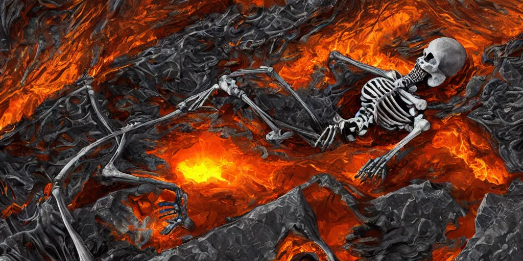 Prompt: skeleton lying in a lake of molten metal, pipe sticking out of the lake, fantasy, digital art, trending on artstation