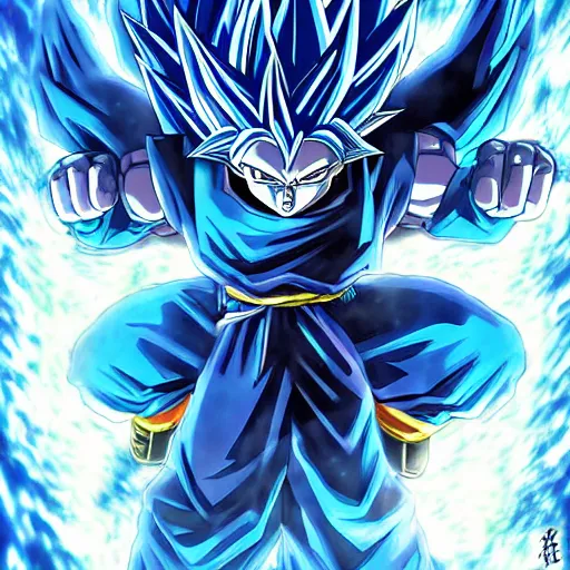 Image similar to Super Saiyan Blue, fantasy artwork, official, hyper detailed, half dragon, draco saiyan, character dragonball, award winning artwork