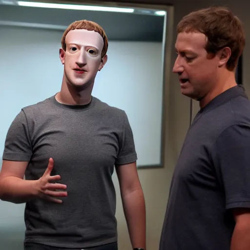 Image similar to animatronic Mark Zuckerberg, exposed mechanics, board meeting photo, Stan Winston studios, detailed, 4k