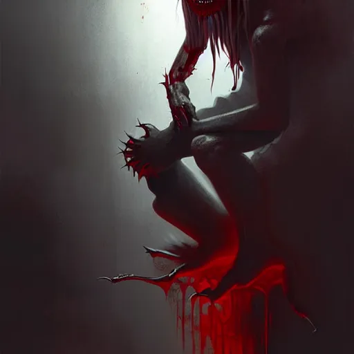 Image similar to disturbing grunge image of a demon infested humanoid. horror airbrush art, by atey ghailan, by greg rutkowski, by greg tocchini, by tom bagshawred, white, red, black, crimson and grey color scheme
