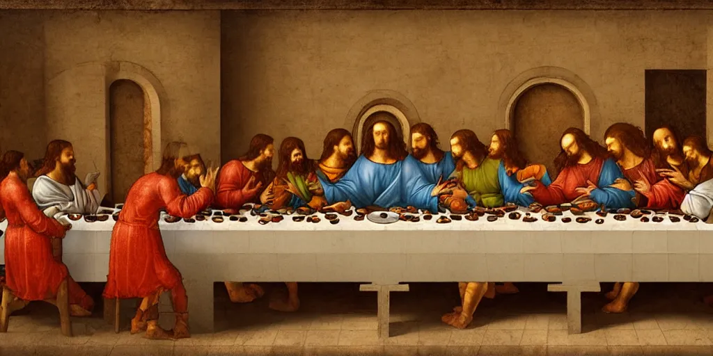 Prompt: the last supper of robots as apostles in leonardo da vinchi style. digital art, artstation, concept art, smooth, sharp focus, illustration, art by leonardo da vinci