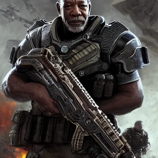 Image similar to morgan freeman as a soldier in gears of war 3 intricate, elegant, highly detailed, digital painting, artstation, concept art, matte, sharp focus, rendered in unreal engine, art by artgerm and greg rutkowski and alphonse mucha