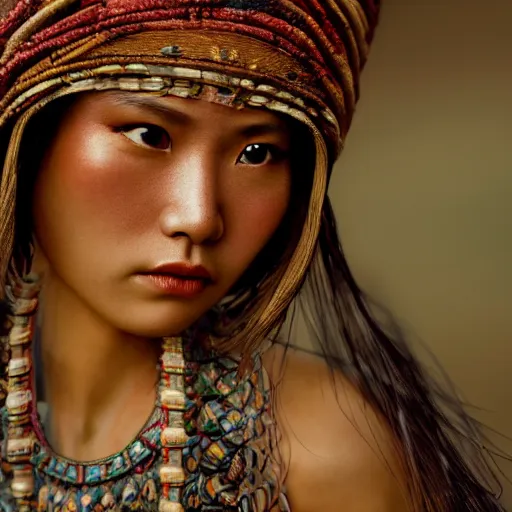 Image similar to vintage portrait of a stunningly beautiful asian tribal female, depth of field, zeiss lens, detailed, symmetrical, centered, fashion photoshoot, by edward s curtis, Annie Leibovitz and Steve McCurry, David Lazar, Jimmy Nelsson, Breathtaking, 8k resolution, extremely detailed, beautiful, establishing shot, artistic, hyperrealistic, beautiful face, octane render