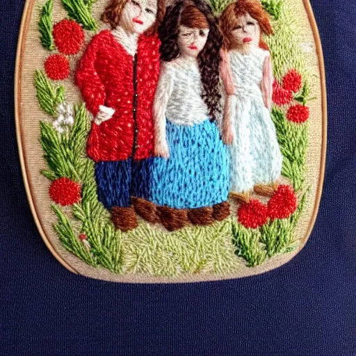 Prompt: a tiny beautiful handmade embroidery of two siblings, an older sister with curly brown hair and a younger brother with straight blonde hair. hand embroidery.