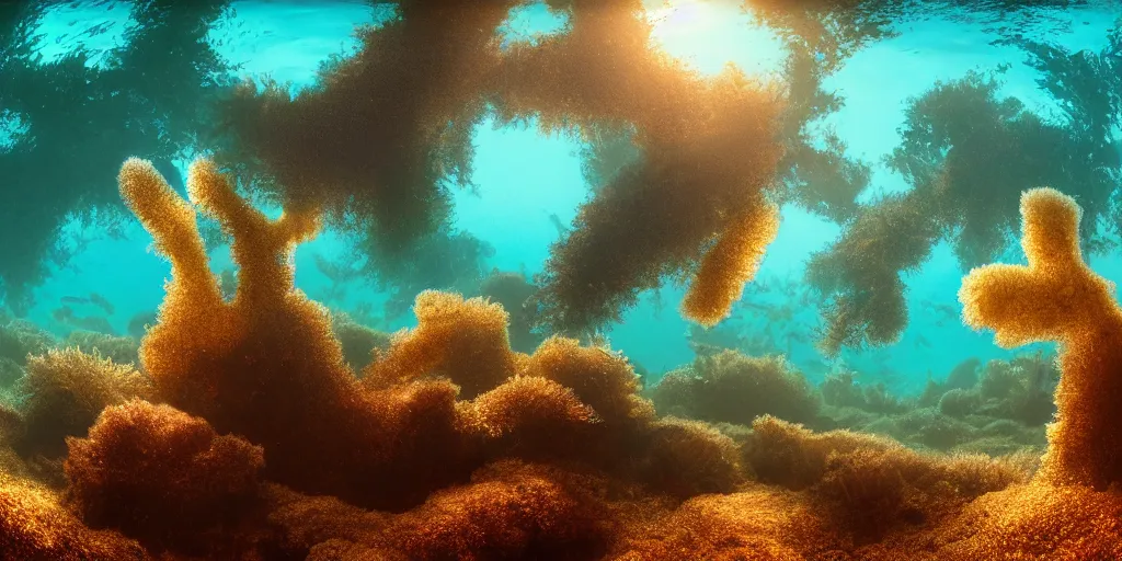 Image similar to underwater beach with palmtrees seaweed air bubbles, golden hour, caustics, shallow depth of field, moody lighting, 8 k, concept art,