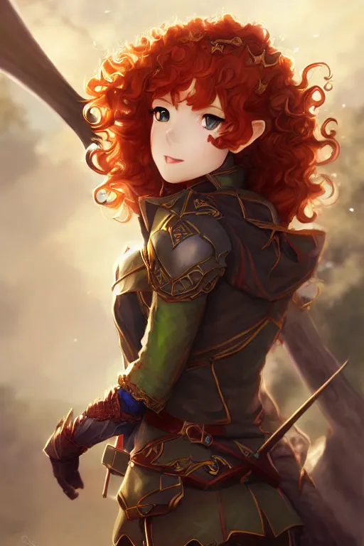 Image similar to A beautiful anime portrait of a curly haired redhead female elf, rpg ranger outfit, elven bow, by Stanley Artgerm Lau, WLOP, Rossdraws, James Jean, Andrei Riabovitchev, Marc Simonetti, and Sakimichan, tranding on artstation