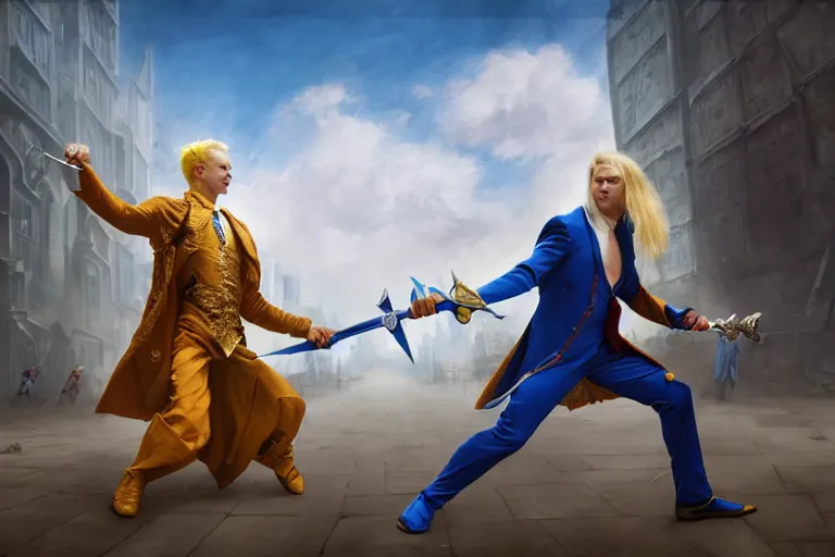 Prompt: a blond man in a blue suit sword fight with a jester, sunny day, matte painting, bold shapes, hard edges, street art, trending on artstation, by huang guangjian, gil elvgren, ruan jia, randy vargas, greg rutkowski