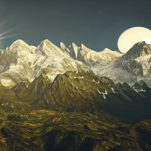 Image similar to small dark black sun above mountains, highly detailed, photorealistic shot, bright studio setting, studio lighting, crisp quality and light reflections, unreal engine 5 quality render