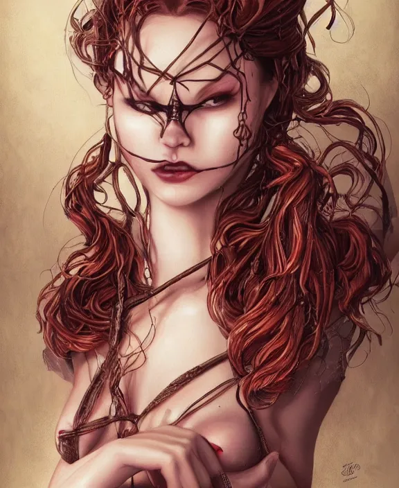 Image similar to a highly detailed portrait of a readhead, intricate latex set, spider, honey birdette, shibari, realistic portrait, deep focus, matte, digital painting, artstation, concept art, smooth, sharp focus, cinematic lighting, art by artgerm and nobuyoshi araki and bianca beauchamp, aj hamilton