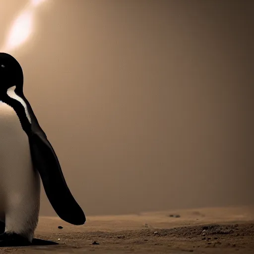 Image similar to Penguin finding the meaning of life, dramatic lighting, cinematic shot, dust, 4k